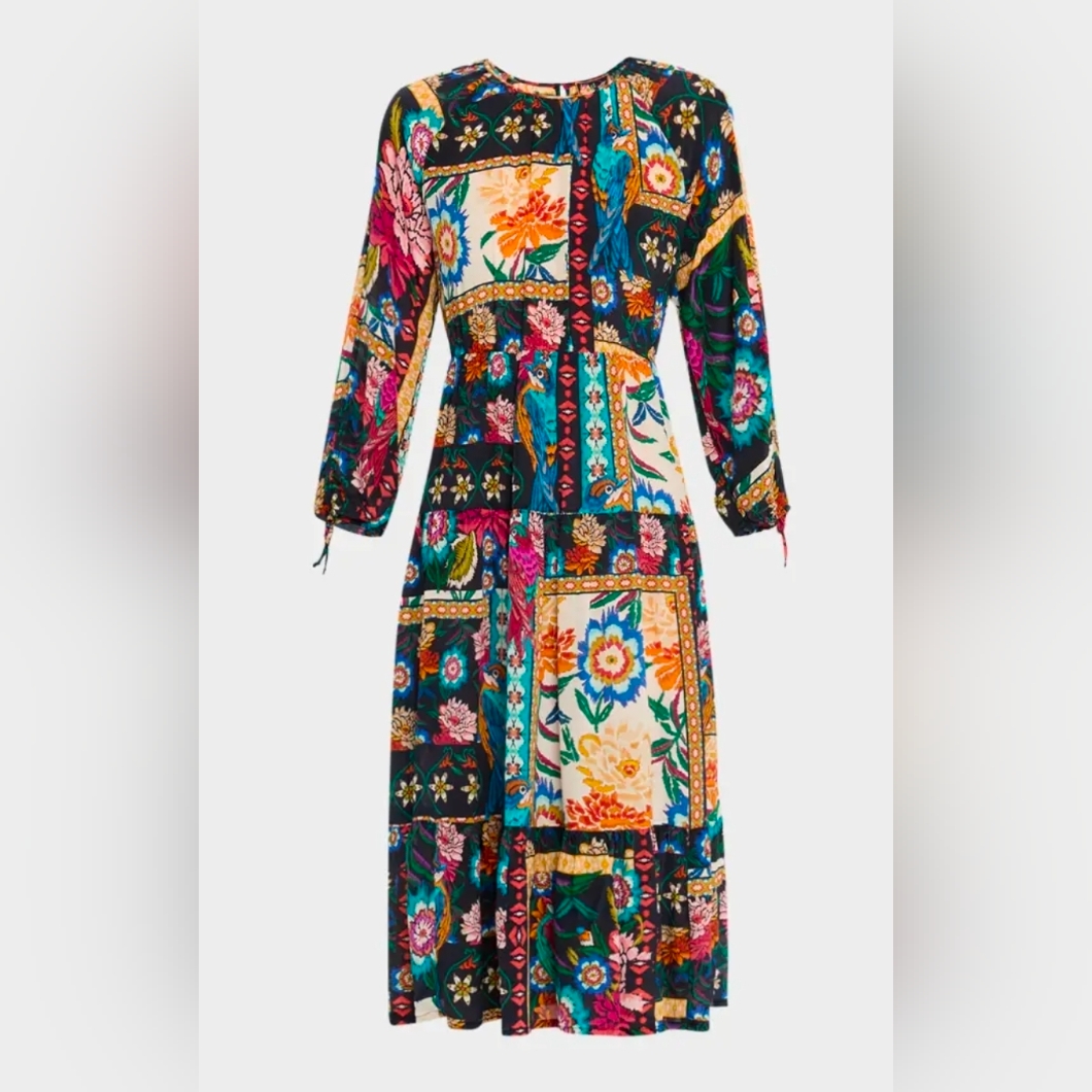 Johnny Was Brona Tiered Floral-Print Silk Midi Dress Size Small Nwt